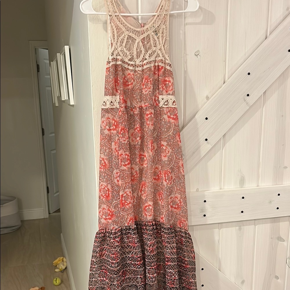 Free People Lace-Trimmed Red and Cream Maxi dress